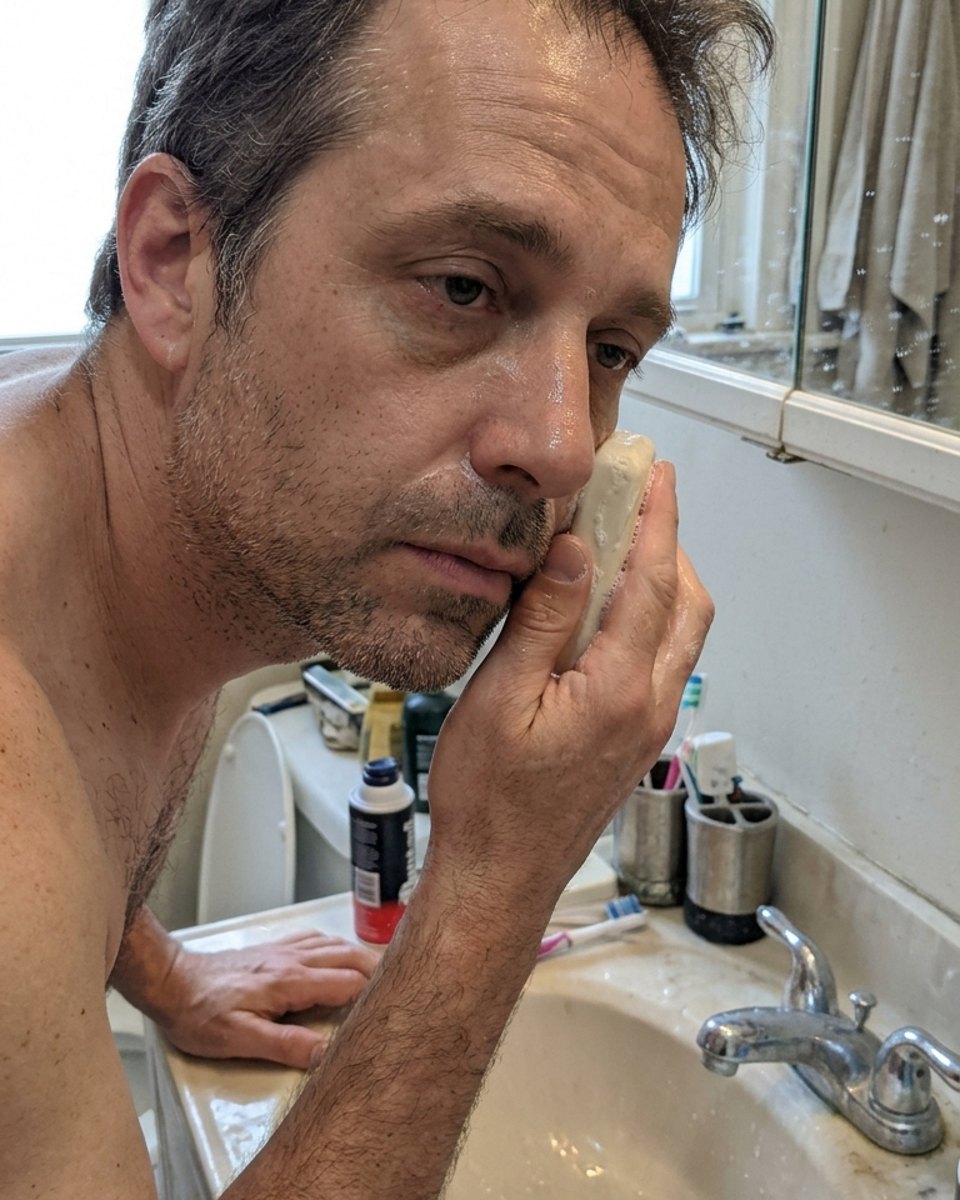 A man rubbing a bar of soap on his face