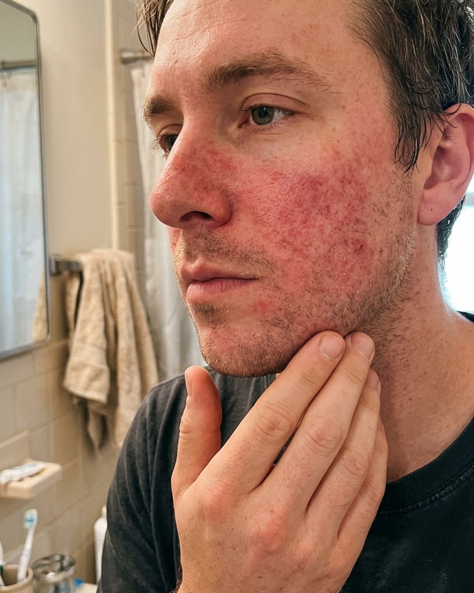 A red, irritated cheek after a walnut scrub
