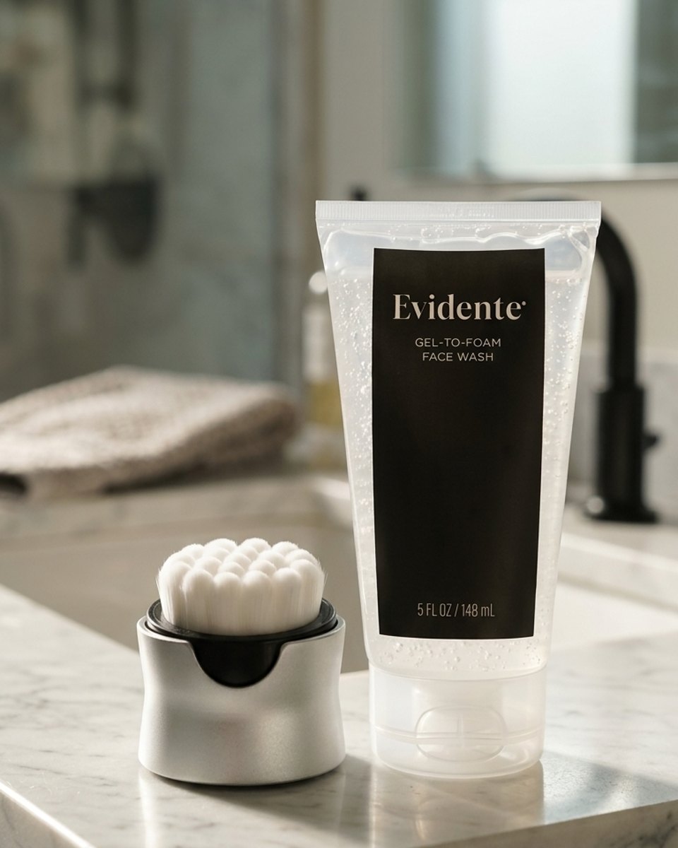 The Evidente face kit on a bathroom counter