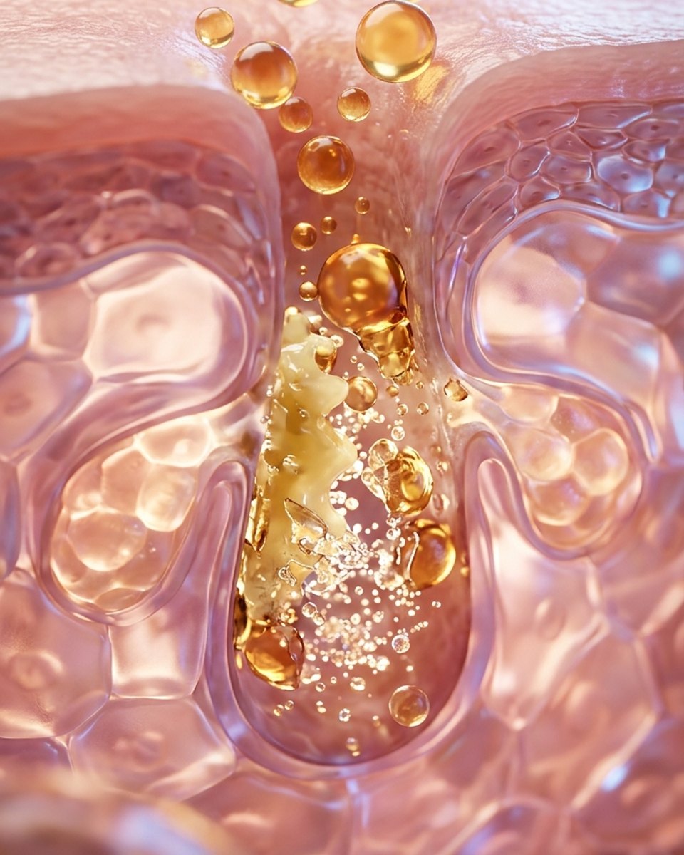 Golden oil droplets dissolving grease in a pore