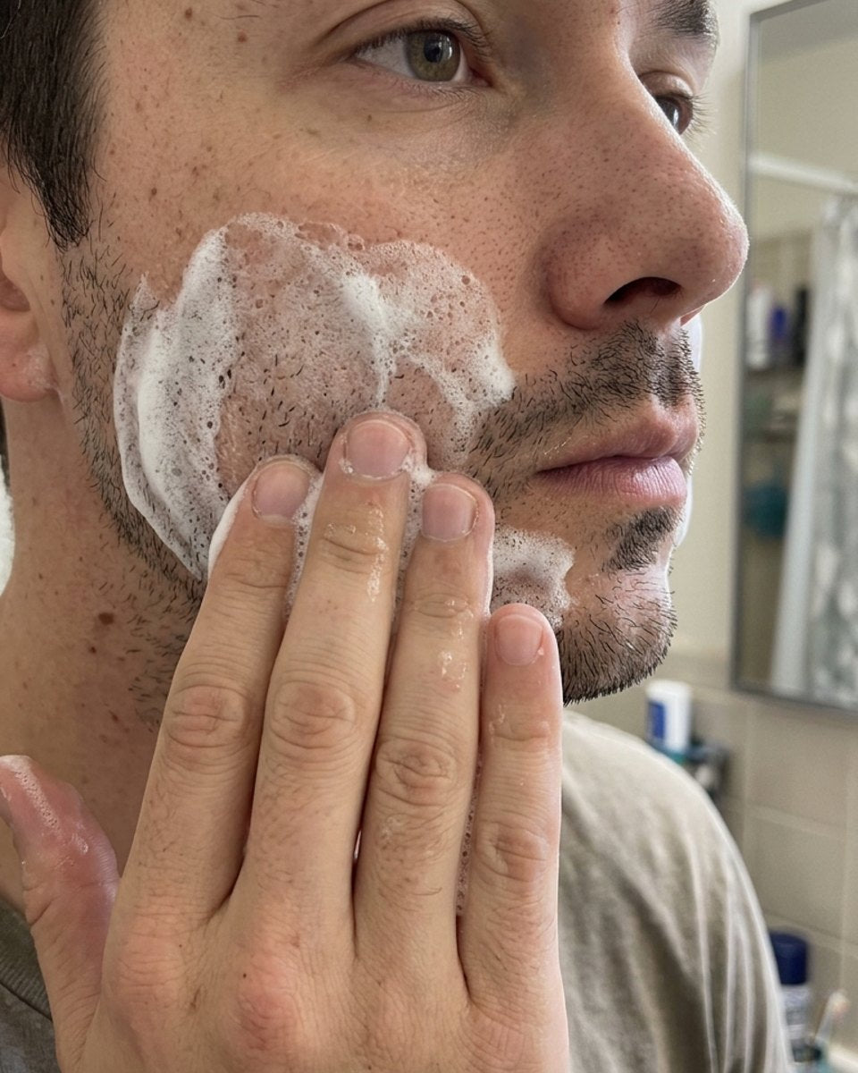 Fingertips rubbing foam on a man's cheek