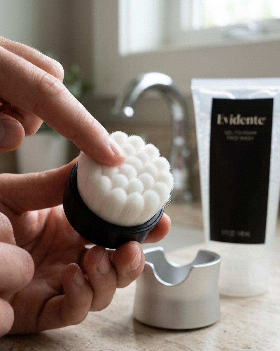 Dense, soft white bristles of the Evidente brush